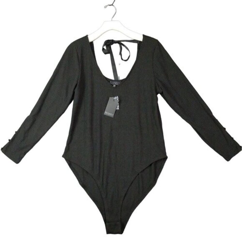 ELOQUII Womens Bodysuit SZ 18/20 Ribbed Black Button Long Sleeves Tie Ribbon NEW
